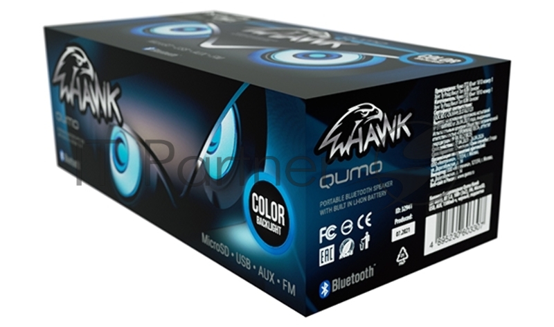 Колонка беспроводная Qumo Hawk (ВТ 0051), BT5.0, 10Вт, FM, MicroSD, USB, AUX, подсветка, 1500мА-ч