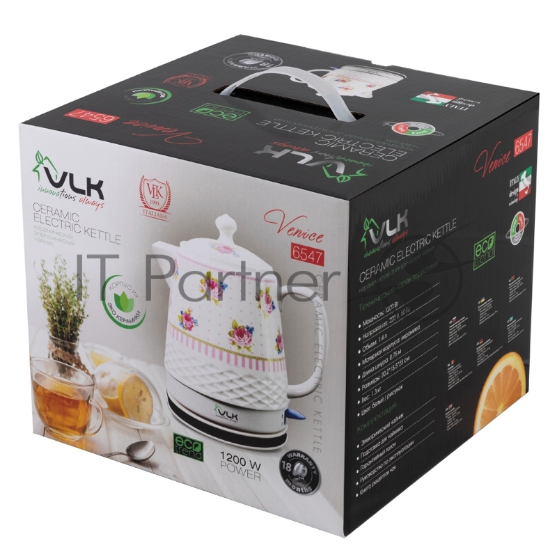 Чайник электрический керамический VLK Venice 6547 1200 Вт, емкость 1,4 л, белый с рисунком, 6 шт/уп.