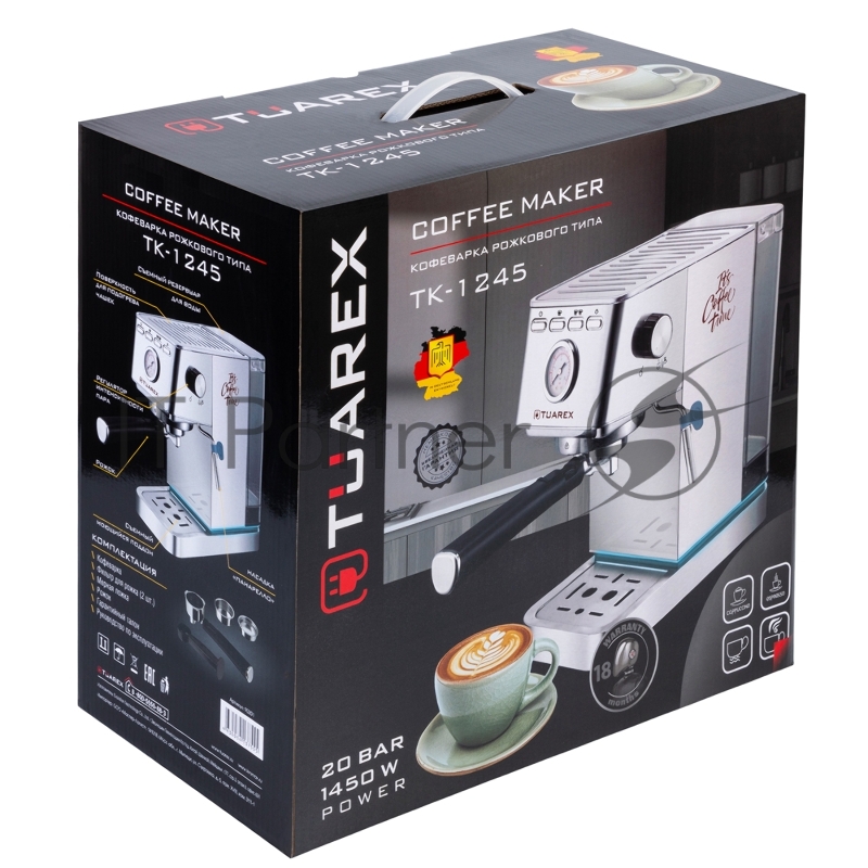 Кофеварка рожковая электрическаяTuarex TK-1245, объем-1.4л, материал- нержавеющая сталь, мощность:1450 Вт, давление пара 20 бар, 2 шт/уп