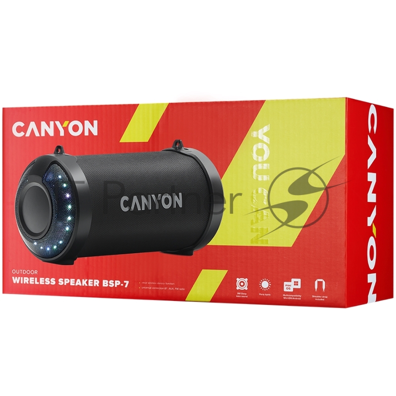 Колонка Canyon BSP-7 Bluetooth Speaker, BT V5.0, Jieli JLAC6925B, 3.5mm AUX, 1*USB-A port, micro-USB port, 1500mAh lithium ion battery, Black, cable length 0.6m, 278*117 *128mm, 0.941kg