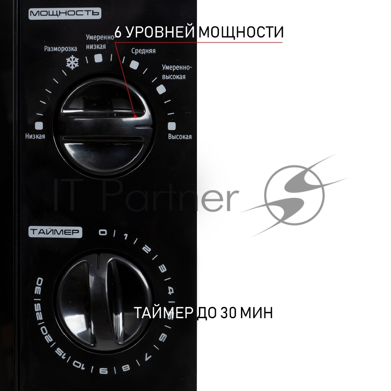 Печь микроволновая, объем 20л, выходная мощность 700 Вт, тип управления механический, 6 уровней мощности, разморозка, таймер на 30 минут, диаметр поворотного стола 245 мм, сигнал окончания приготовления.