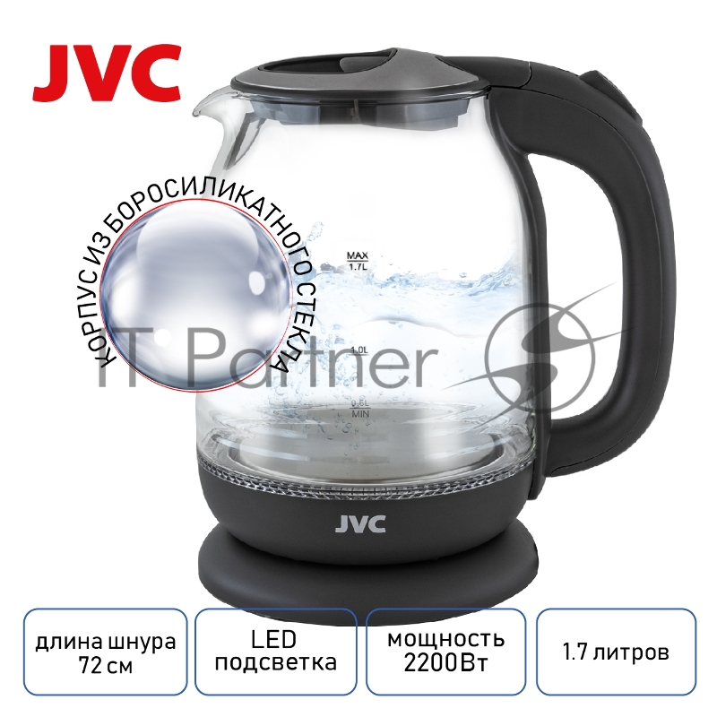 Чайник электрический, объем 1,7л, максимальная мощность 2200 Вт, круговая светодиодная подсветка, волнообразный рисунок стеклянного корпуса, декоративная вставка на крышке, фильтр от накипи, защита от включения без воды, автоматическое отключение пр