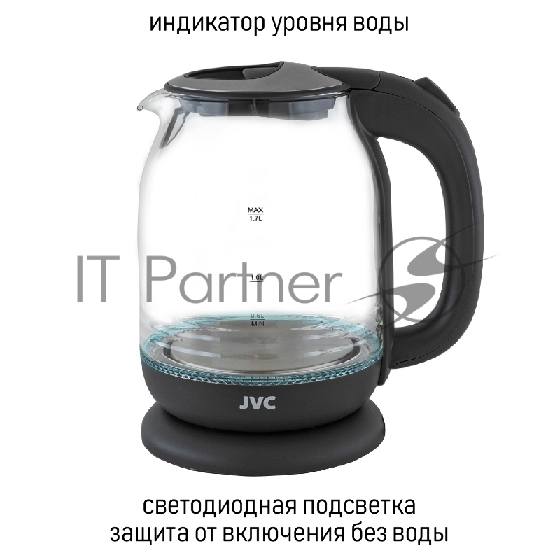 Чайник электрический, объем 1,7л, максимальная мощность 2200 Вт, круговая светодиодная подсветка, волнообразный рисунок стеклянного корпуса, декоративная вставка на крышке, фильтр от накипи, защита от включения без воды, автоматическое отключение пр