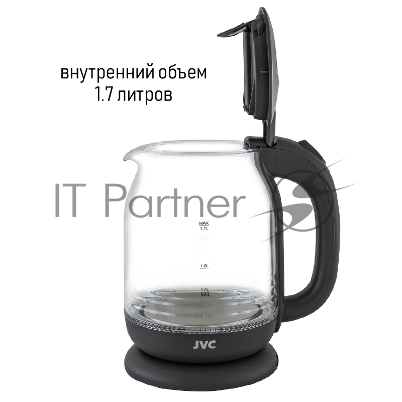 Чайник электрический, объем 1,7л, максимальная мощность 2200 Вт, круговая светодиодная подсветка, волнообразный рисунок стеклянного корпуса, декоративная вставка на крышке, фильтр от накипи, защита от включения без воды, автоматическое отключение пр