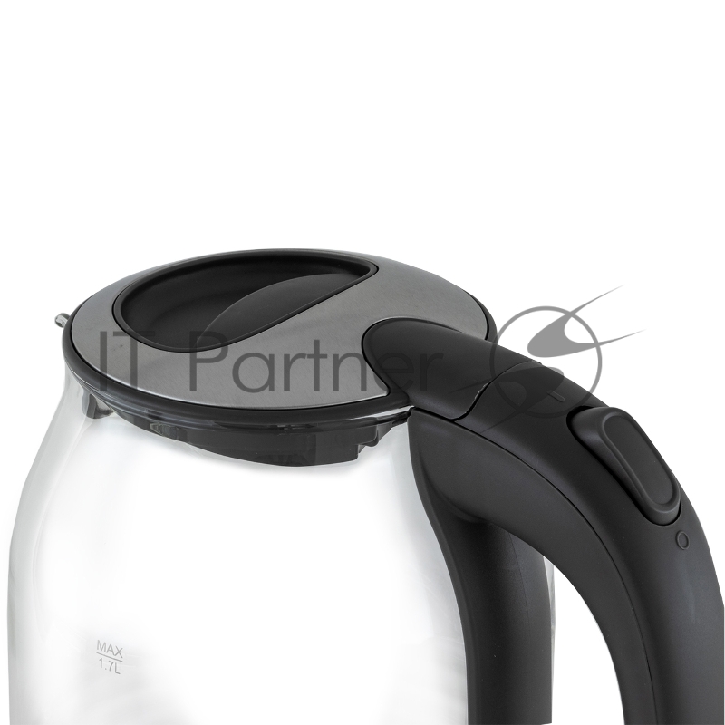 Чайник электрический, объем 1,7л, максимальная мощность 2200 Вт, круговая светодиодная подсветка, волнообразный рисунок стеклянного корпуса, декоративная вставка на крышке, фильтр от накипи, защита от включения без воды, автоматическое отключение пр