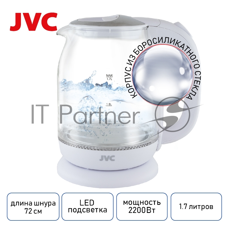 Чайник электрический, объем 1,7л, максимальная мощность 2200 Вт, круговая светодиодная подсветка, волнообразный рисунок стеклянного корпуса, декоративная вставка на крышке, фильтр от накипи, защита от включения без воды, автоматическое отключение пр