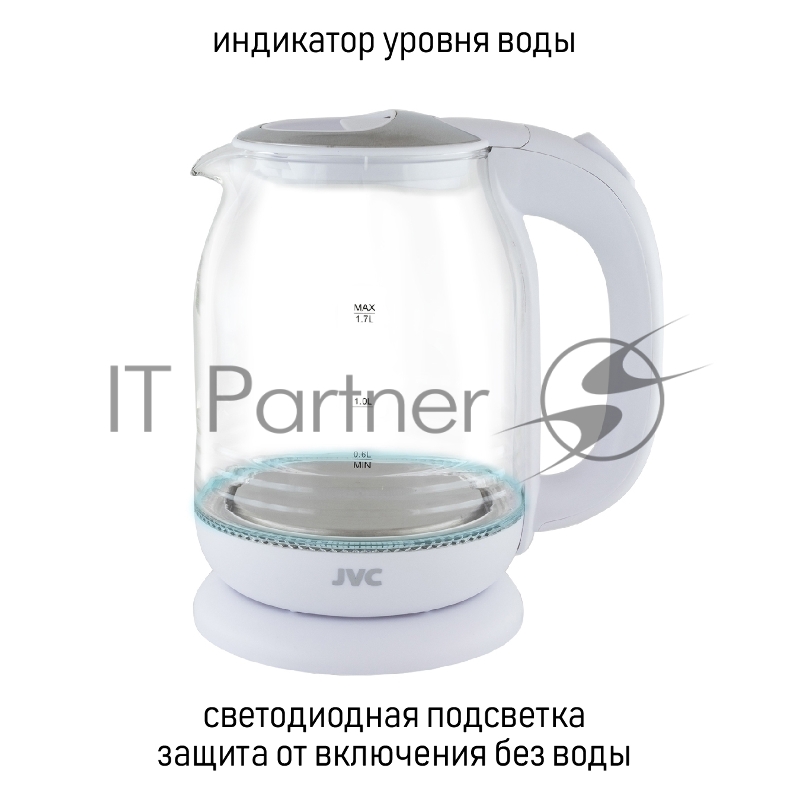 Чайник электрический, объем 1,7л, максимальная мощность 2200 Вт, круговая светодиодная подсветка, волнообразный рисунок стеклянного корпуса, декоративная вставка на крышке, фильтр от накипи, защита от включения без воды, автоматическое отключение пр
