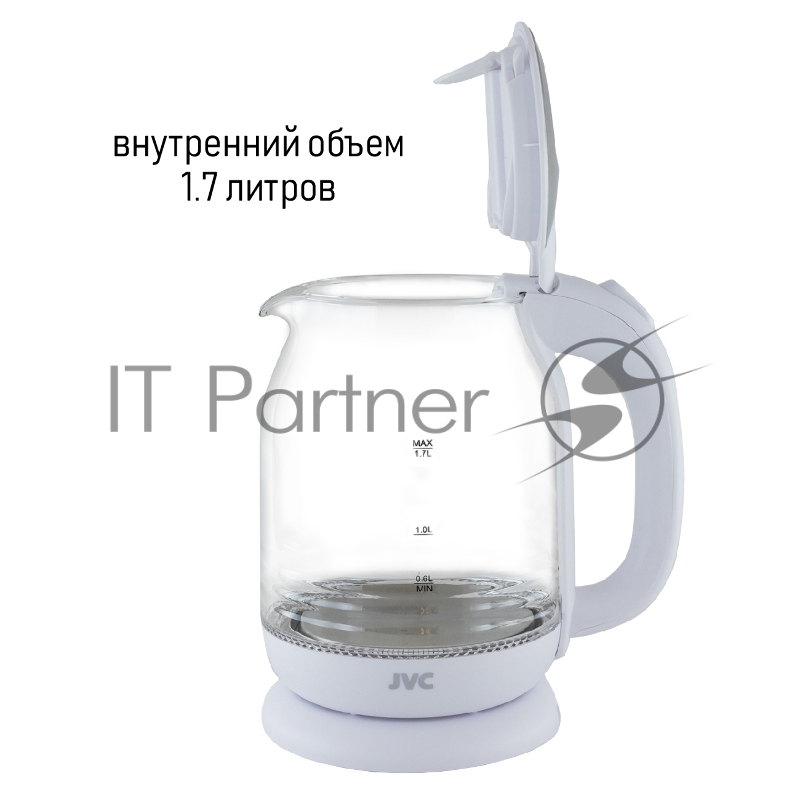 Чайник электрический, объем 1,7л, максимальная мощность 2200 Вт, круговая светодиодная подсветка, волнообразный рисунок стеклянного корпуса, декоративная вставка на крышке, фильтр от накипи, защита от включения без воды, автоматическое отключение пр