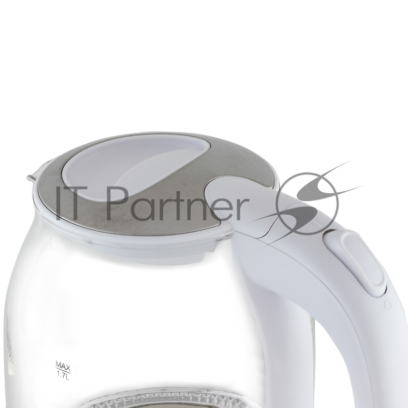 Чайник электрический, объем 1,7л, максимальная мощность 2200 Вт, круговая светодиодная подсветка, волнообразный рисунок стеклянного корпуса, декоративная вставка на крышке, фильтр от накипи, защита от включения без воды, автоматическое отключение пр
