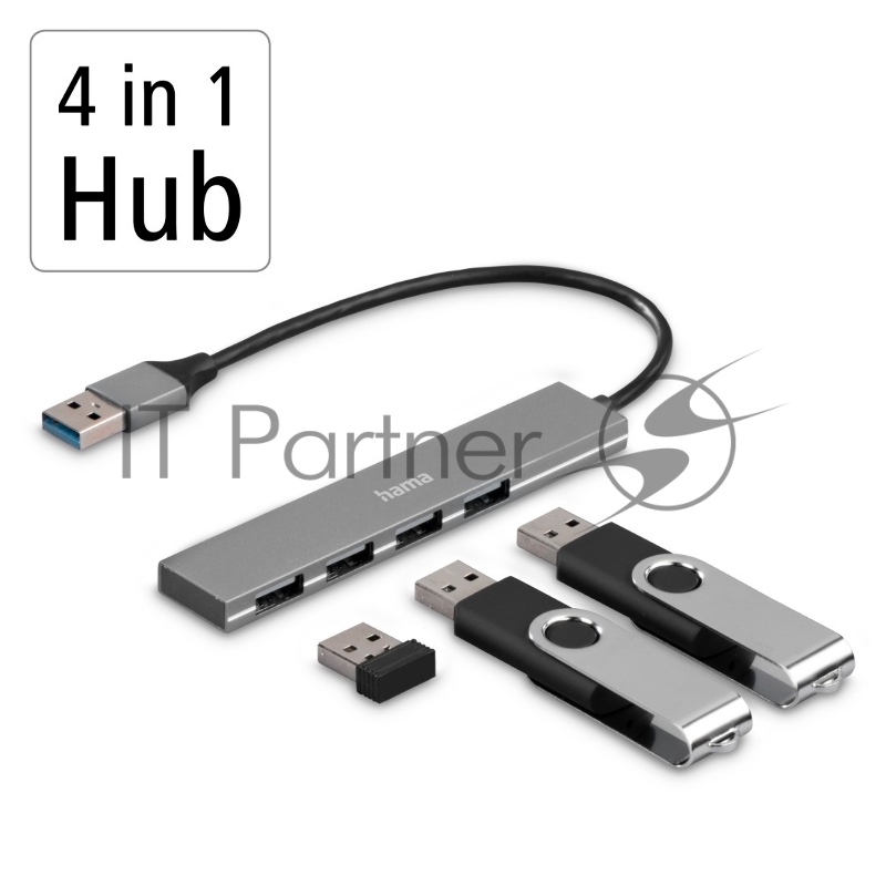 Разветвитель USB 3.0 Hama H-200114 4порт. серый (00200114)