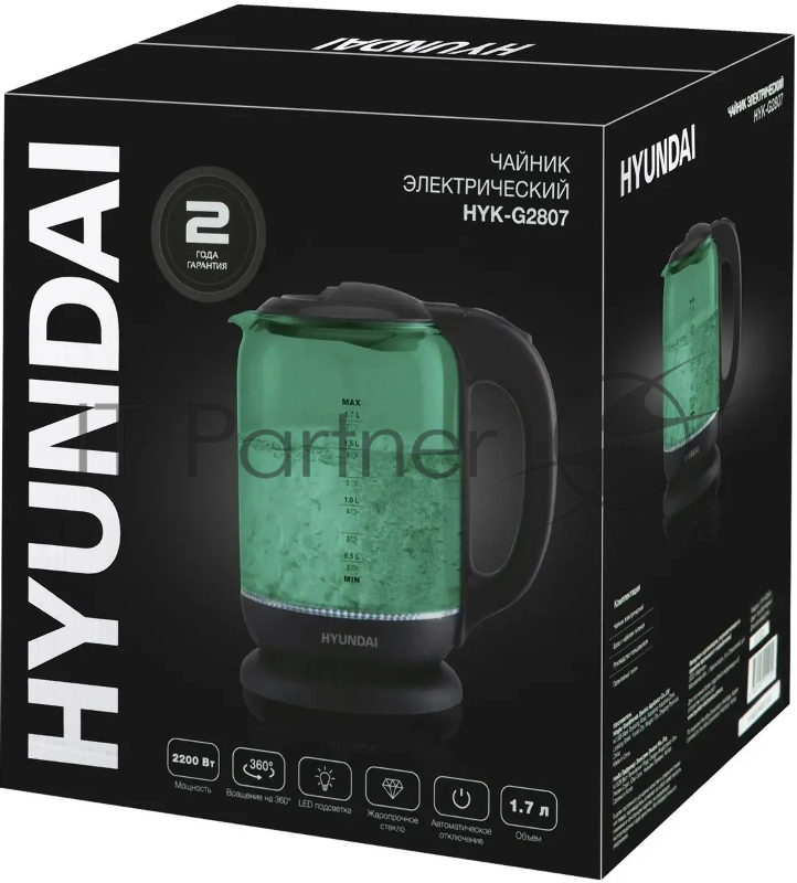 Чайник электрический Hyundai HYK-G2807 1.8л. 2200Вт бирюзовый/черный (корпус: стекло)