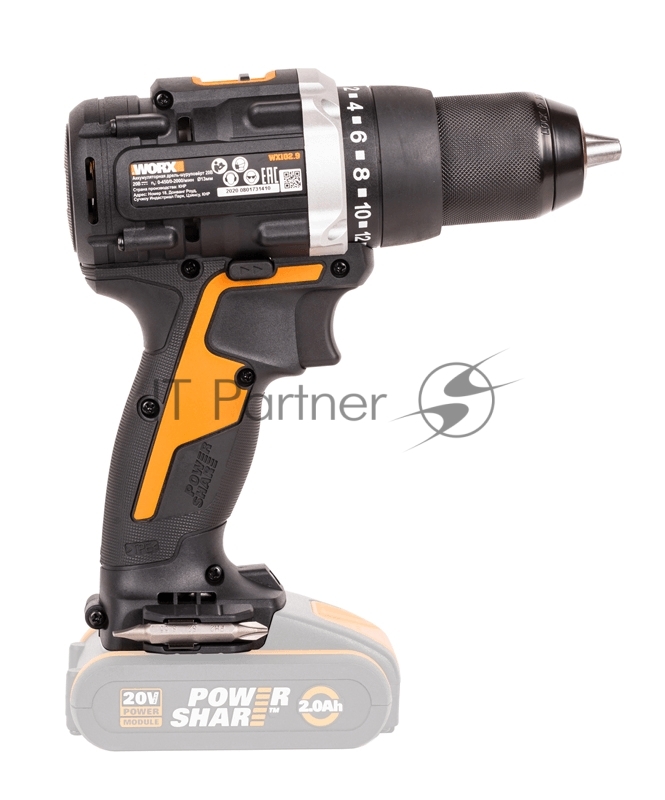 Дрель-шуруповерт аккумуляторная WORX WX102.9, 20В, 60Нм, бесщеточная, без АКБ и ЗУ