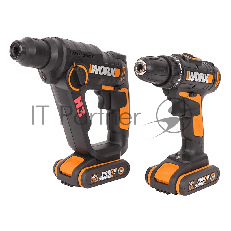 Комбо-набор: Дрель-шуруповерт аккумуляторная WORX WX101.9 + Перфоратор аккумуляторный WORX H3 WX390.1, 20В, 2Ач х2, ЗУ 2А, кейс с оснасткой