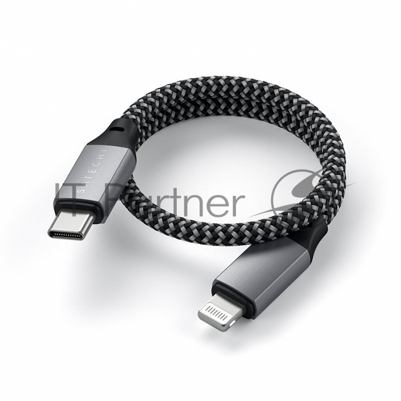 Кабель Satechi USB-C to Lightning MFI Cable. Длина кабеля: 25 см. Цвет: серый космос. Satechi USB-C to Lightning Cable MFI 10 inch - Space Gray