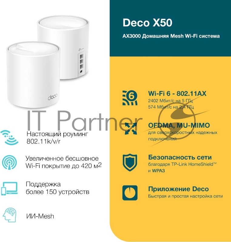 Бесшовный Mesh роутер TP-Link Deco X50(2-Pack) AX3000 10/100/1000BASE-TX