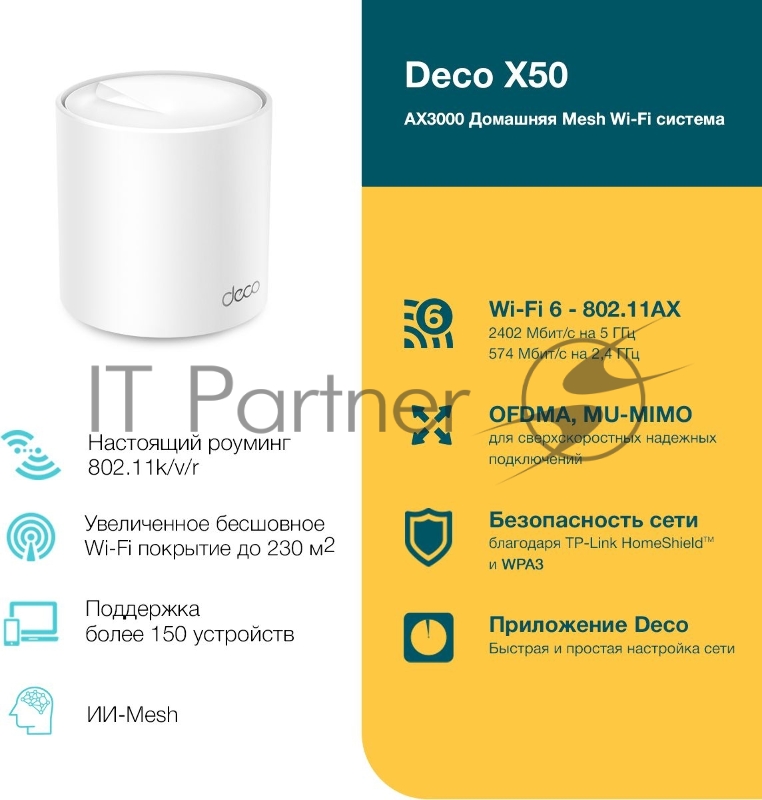 Бесшовный Mesh роутер AX3000 Whole Home Mesh Wi-Fi 6 UnitSPEED: 574 Mbps at 2.4 GHz + 2402 Mbps at 5 GHzSPEC: 2× Internal Antennas, 3× Gigabit Ports (WAN/LAN auto-sensing), 2 Streams and HE160 for 5GHzFEATURE: Deco App, Router/AP Mode, IPv6, IPTV, Ho
