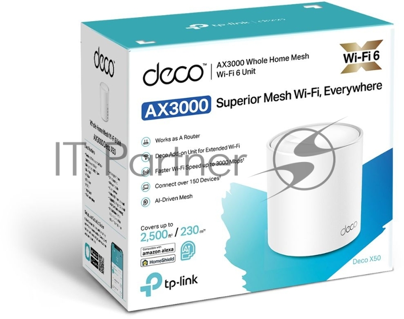 Бесшовный Mesh роутер AX3000 Whole Home Mesh Wi-Fi 6 UnitSPEED: 574 Mbps at 2.4 GHz + 2402 Mbps at 5 GHzSPEC: 2× Internal Antennas, 3× Gigabit Ports (WAN/LAN auto-sensing), 2 Streams and HE160 for 5GHzFEATURE: Deco App, Router/AP Mode, IPv6, IPTV, Ho