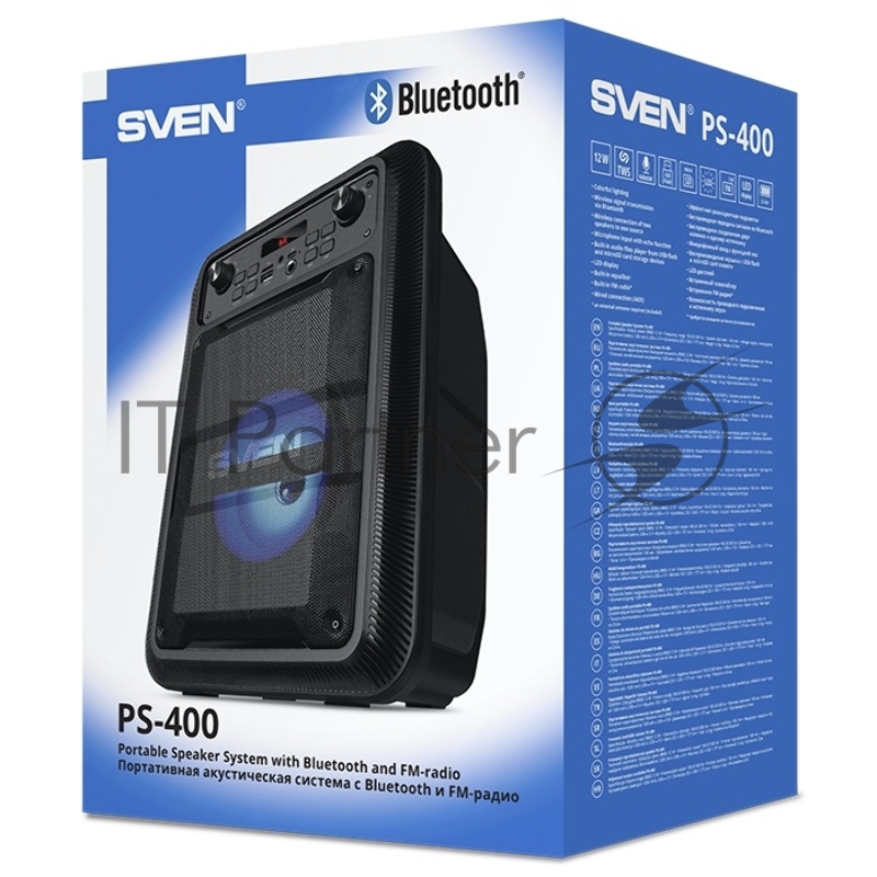 Мобильные колонки SVEN PS-400 1.0 чёрные (12W, mini Jack, USB, Bluetooth, FM, micro SD, подсветка, 1200 мA)