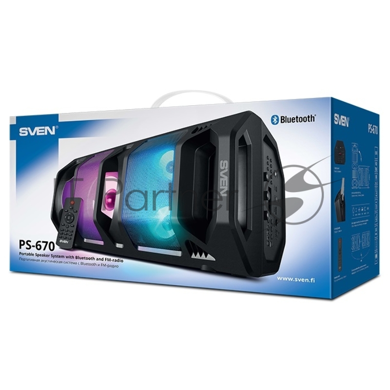Мобильные колонки Sven PS-670 2.0 чёрные (2x32.5W, mini Jack, USB, Bluetooth, FM, micro SD, ПДУ, 2 x 4400 мA, LED подсветка)