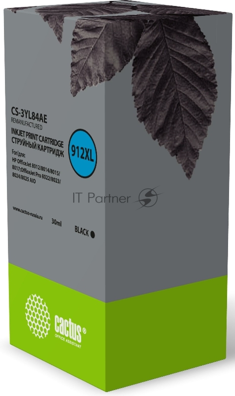 Картридж струйный Cactus 912XL CS-3YL84AE (есть ограничения по прошивке) черный (30мл) для HP OfficeJet 8012/8014/8015/8017OfficeJet Pro 8022/8023/8024/8025 AIO