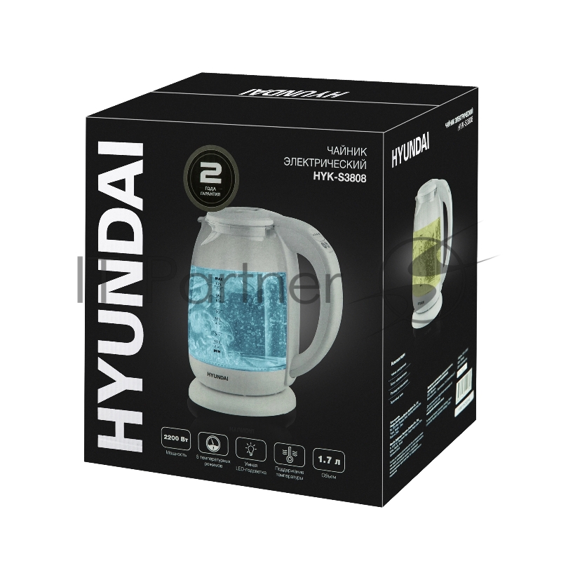 Чайник электрический Hyundai HYK-S3808 1.7л. 2200Вт белый (корпус: стекло)
