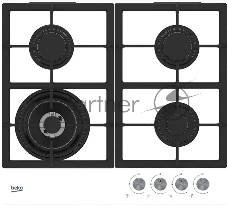 Встраиваемая газовая варочная поверхность BEKO HILW 64225 SW Газовая поверхность: 4 газовые конфорки (в т.ч. Wok). Газ-на-стекле. Панель управления спереди. Газ-контроль. Высокоэффективные конфорки. Встроенный электроподжиг. Чугунная решетка. Цвет: Б