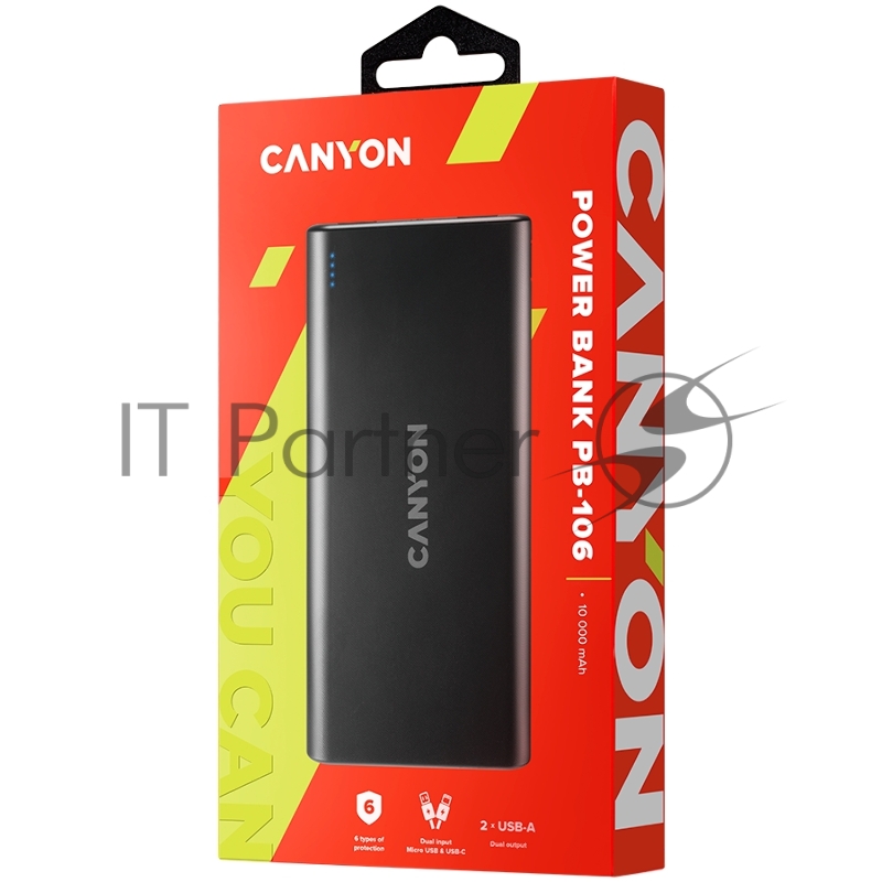 Мобильный аккумулятор CANYON PB-106 Power bank 10000mAh Li-poly battery, Input 5V/2A, Output 5V/2.1A(Max), USB cable length 0.3m, 140*68*16mm, 0.24Kg, Black