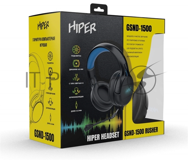 Гарнитура компьютерная игровая HIPER GSND-1500 (Стерео, 50мм, mini-jack 3.5мм+USB, регулировка оголовья, кабель 2м, черный)