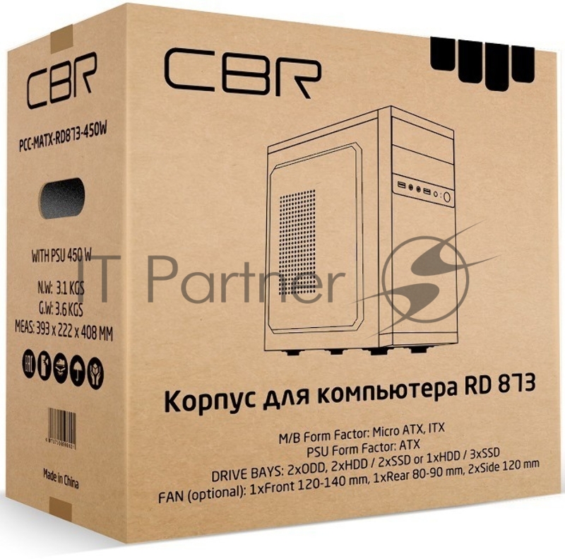 Корпус mATX Minitower RD873, c БП PSU-ATX450-12EC, 2*USB 2.0, HD Audio+Mic, Black CBR PCC-MATX-RD873-450W