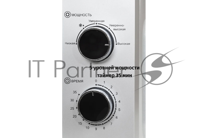 Печь микроволновая, объем 20л, выходная мощность 700 Вт, тип управления: механический, диаметр поворотного стола: 255 мм, количество уровней мощности: 5, автоматическое размораживание, таймер: 35 минут, тип открывания дверцы: ручка, сигнал окончания