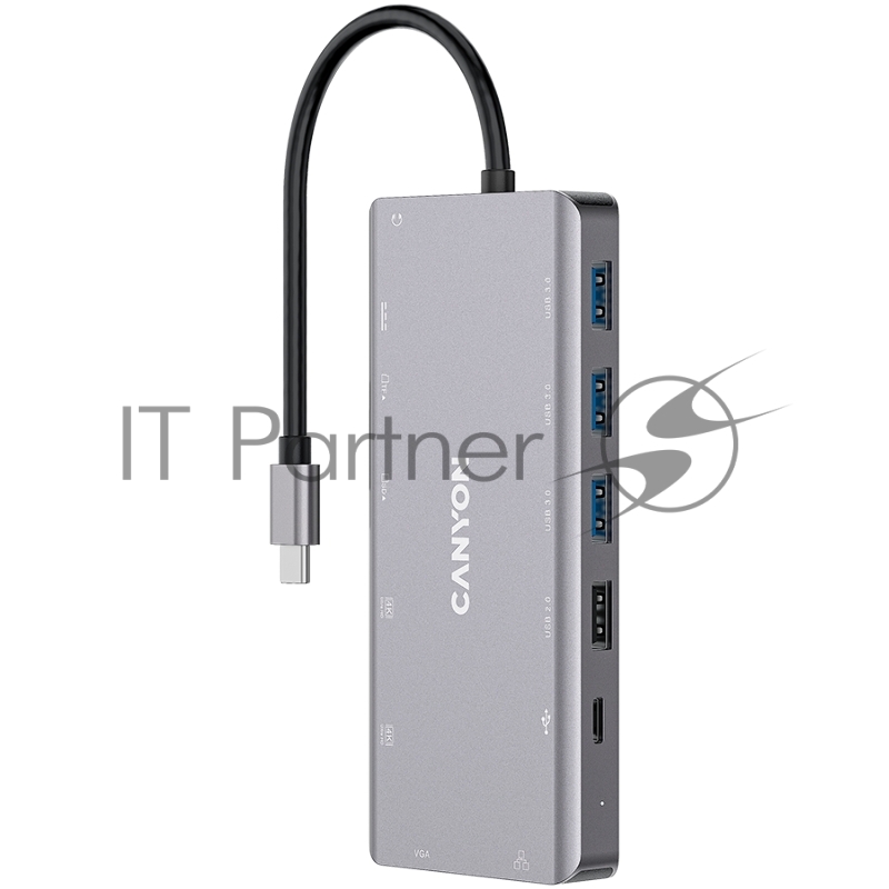 Хаб CANYON 13 in 1 USB C hub, with 2*HDMI, 3*USB3.0: support max. 5Gbps, 1*USB2.0: support max. 480Mbps, 1*PD: support max 100W PD, 1*VGA,1* Type C data, 1*Glgabit Ethernet, 1*3.5mm audio jack, cable 15cm, Aluminum alloy housing,130*57.5*15 mm,DarK g