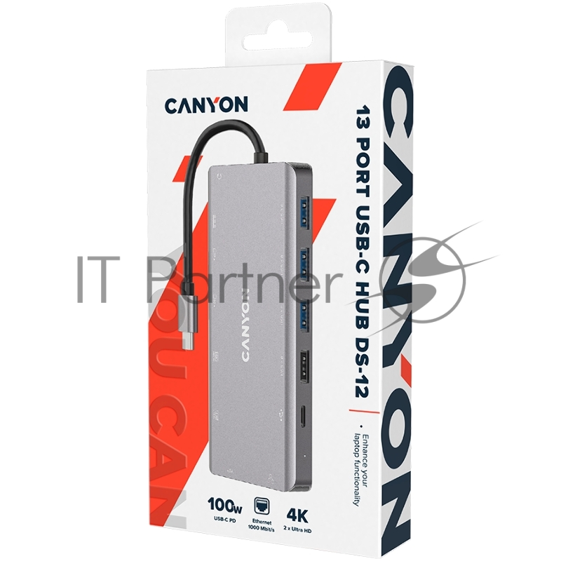Хаб CANYON 13 in 1 USB C hub, with 2*HDMI, 3*USB3.0: support max. 5Gbps, 1*USB2.0: support max. 480Mbps, 1*PD: support max 100W PD, 1*VGA,1* Type C data, 1*Glgabit Ethernet, 1*3.5mm audio jack, cable 15cm, Aluminum alloy housing,130*57.5*15 mm,DarK g