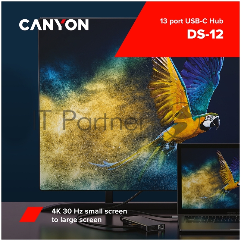 Хаб CANYON 13 in 1 USB C hub, with 2*HDMI, 3*USB3.0: support max. 5Gbps, 1*USB2.0: support max. 480Mbps, 1*PD: support max 100W PD, 1*VGA,1* Type C data, 1*Glgabit Ethernet, 1*3.5mm audio jack, cable 15cm, Aluminum alloy housing,130*57.5*15 mm,DarK g