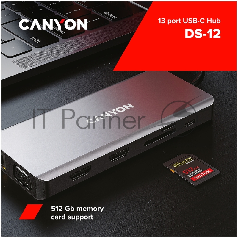 Хаб CANYON 13 in 1 USB C hub, with 2*HDMI, 3*USB3.0: support max. 5Gbps, 1*USB2.0: support max. 480Mbps, 1*PD: support max 100W PD, 1*VGA,1* Type C data, 1*Glgabit Ethernet, 1*3.5mm audio jack, cable 15cm, Aluminum alloy housing,130*57.5*15 mm,DarK g
