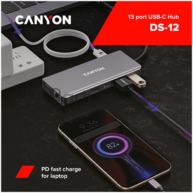Хаб CANYON 13 in 1 USB C hub, with 2*HDMI, 3*USB3.0: support max. 5Gbps, 1*USB2.0: support max. 480Mbps, 1*PD: support max 100W PD, 1*VGA,1* Type C data, 1*Glgabit Ethernet, 1*3.5mm audio jack, cable 15cm, Aluminum alloy housing,130*57.5*15 mm,DarK g