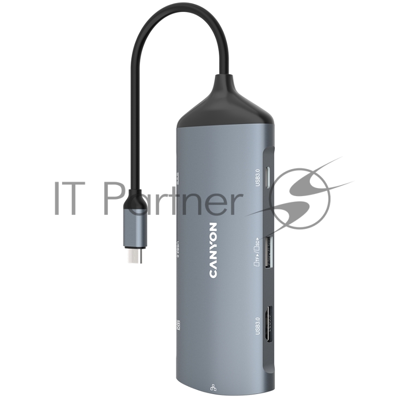 Хаб CANYON 8 in 1 hub, with 1*HDMI,1*Gigabit Ethernet,1*USB C female:PD3.0 support max60W,1*USB C male :PD3.0 support max100W,2*USB3.1:support max 5Gbps,1*USB2.0:support max 480Mbps, 1*SD, cable 15cm, Aluminum alloy housing,133.24*48.7*15.3mm,Dark gr