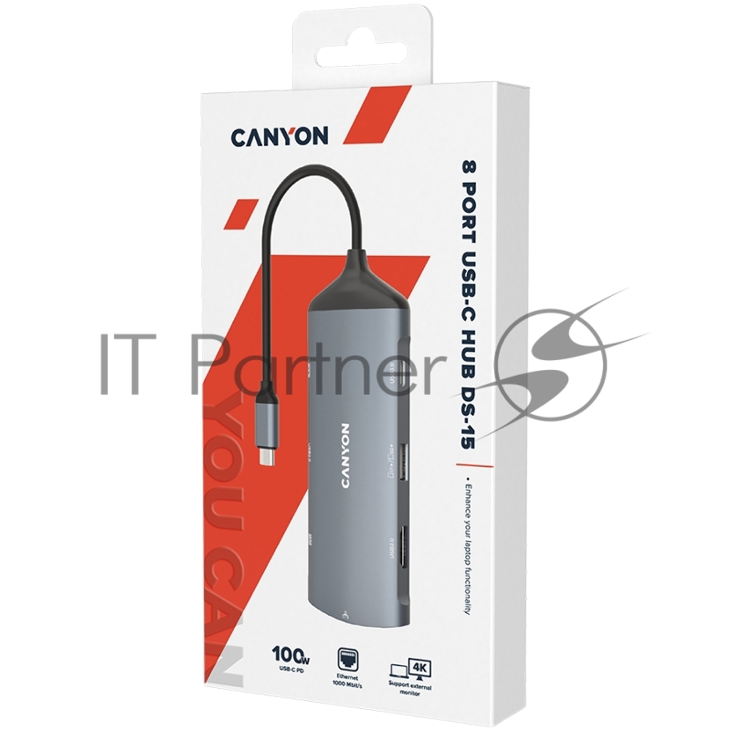 Хаб CANYON 8 in 1 hub, with 1*HDMI,1*Gigabit Ethernet,1*USB C female:PD3.0 support max60W,1*USB C male :PD3.0 support max100W,2*USB3.1:support max 5Gbps,1*USB2.0:support max 480Mbps, 1*SD, cable 15cm, Aluminum alloy housing,133.24*48.7*15.3mm,Dark gr