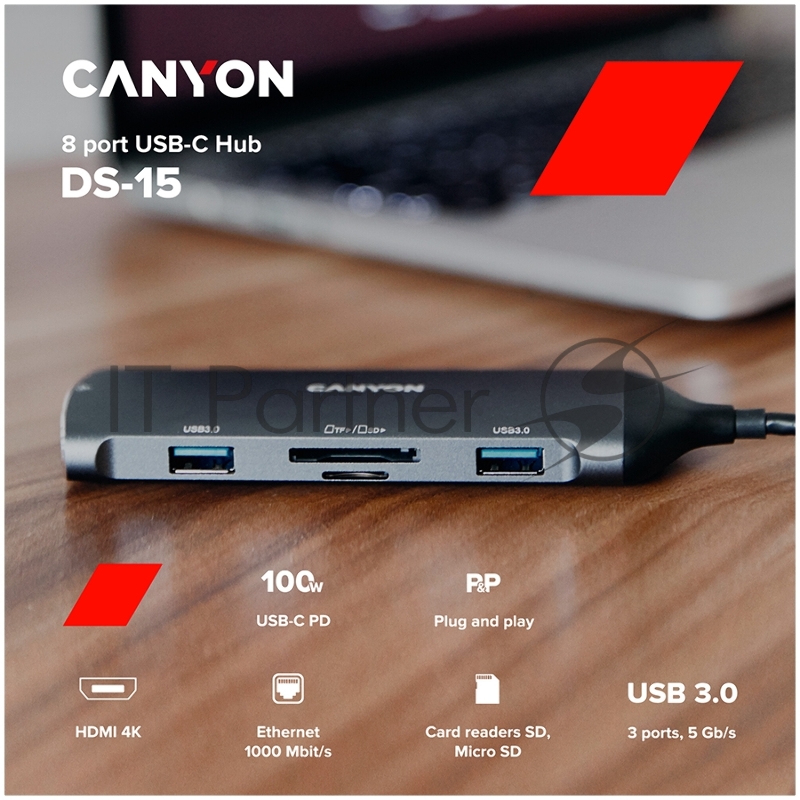 Хаб CANYON 8 in 1 hub, with 1*HDMI,1*Gigabit Ethernet,1*USB C female:PD3.0 support max60W,1*USB C male :PD3.0 support max100W,2*USB3.1:support max 5Gbps,1*USB2.0:support max 480Mbps, 1*SD, cable 15cm, Aluminum alloy housing,133.24*48.7*15.3mm,Dark gr