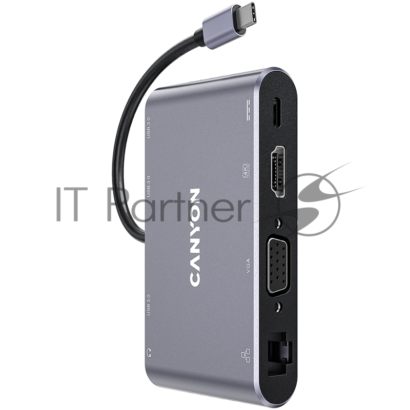 Хаб CANYON 8 in 1 USB C hub, with 1*HDMI: 4K*30Hz, 1*VGA, 1*Type-C PD charging port, Max 100W PD input. 3*USB3.0,transfer speed up to 5Gbps. 1*Glgabit Ethernet, 1*3.5mm audio jack, cable 15cm, Aluminum alloy housing,95*55*17.6 mm, 107g, Dark grey
