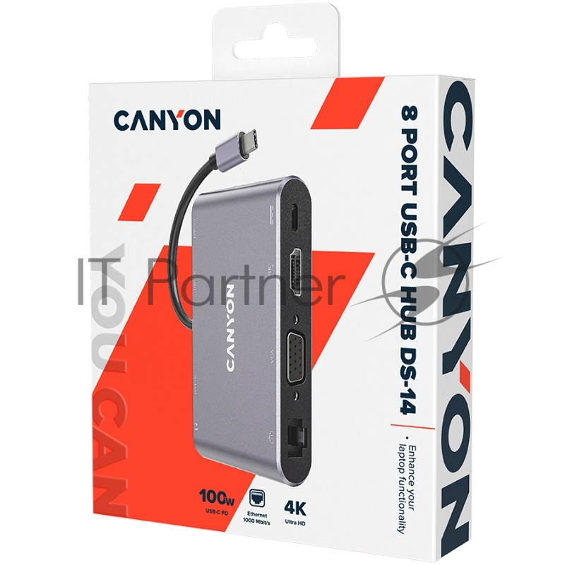 Хаб CANYON 8 in 1 USB C hub, with 1*HDMI: 4K*30Hz, 1*VGA, 1*Type-C PD charging port, Max 100W PD input. 3*USB3.0,transfer speed up to 5Gbps. 1*Glgabit Ethernet, 1*3.5mm audio jack, cable 15cm, Aluminum alloy housing,95*55*17.6 mm, 107g, Dark grey