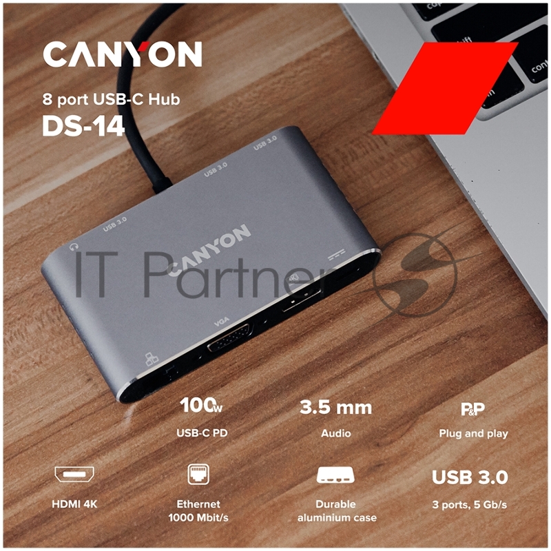 Хаб CANYON 8 in 1 USB C hub, with 1*HDMI: 4K*30Hz, 1*VGA, 1*Type-C PD charging port, Max 100W PD input. 3*USB3.0,transfer speed up to 5Gbps. 1*Glgabit Ethernet, 1*3.5mm audio jack, cable 15cm, Aluminum alloy housing,95*55*17.6 mm, 107g, Dark grey