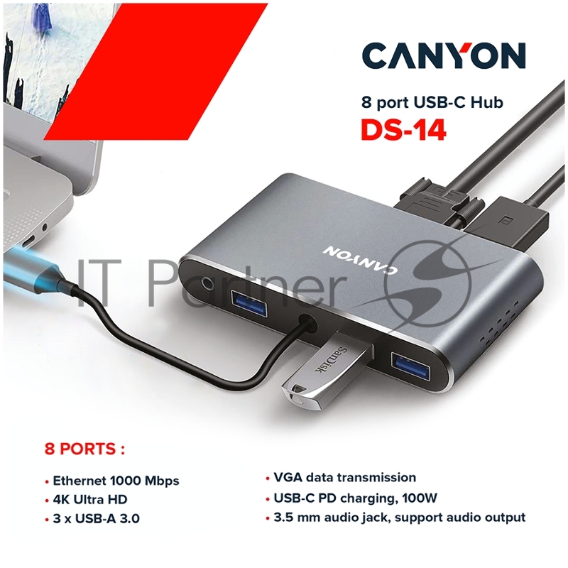 Хаб CANYON 8 in 1 USB C hub, with 1*HDMI: 4K*30Hz, 1*VGA, 1*Type-C PD charging port, Max 100W PD input. 3*USB3.0,transfer speed up to 5Gbps. 1*Glgabit Ethernet, 1*3.5mm audio jack, cable 15cm, Aluminum alloy housing,95*55*17.6 mm, 107g, Dark grey