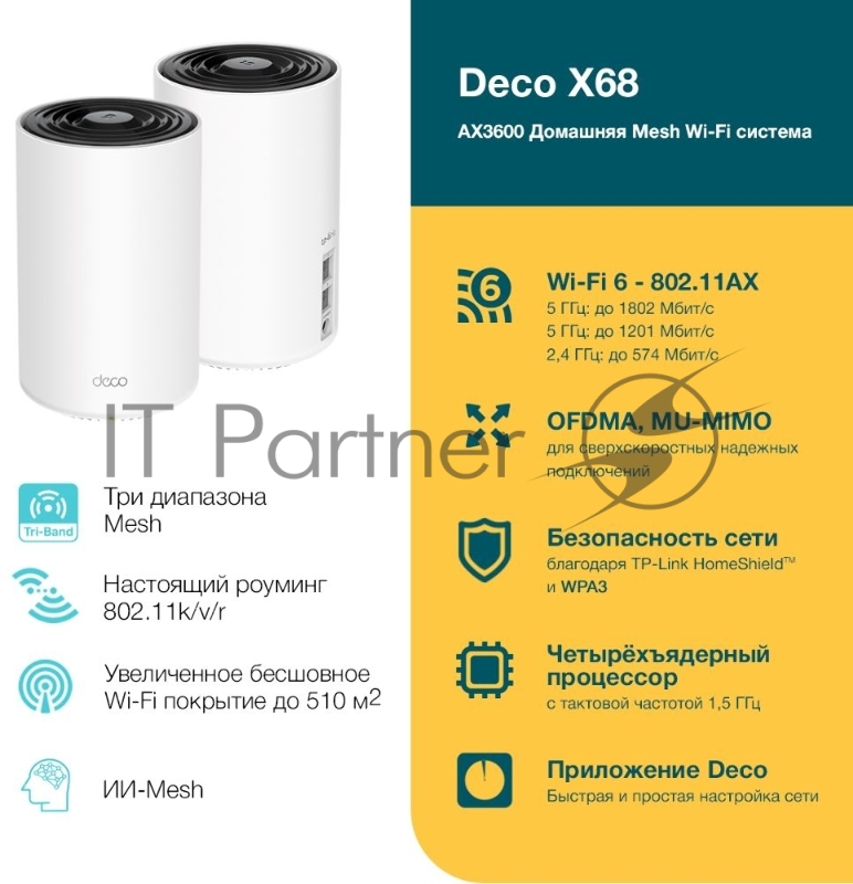 AX3600 Whole Home Mesh Wi-Fi 6 System (Tri-Band), 2 unitsSPEED: 574 Mbps at 2.4 GHz + 1802 Mbps at 5 GHz-1 +1201 Mbps at 5 GHz-2SPEC: 5× Internal Antennas, 2× Gigabit Ports (WAN/LAN auto-sensing), Broadcom 1.5 GHz Quad-core CPUFEATURE: Deco App,