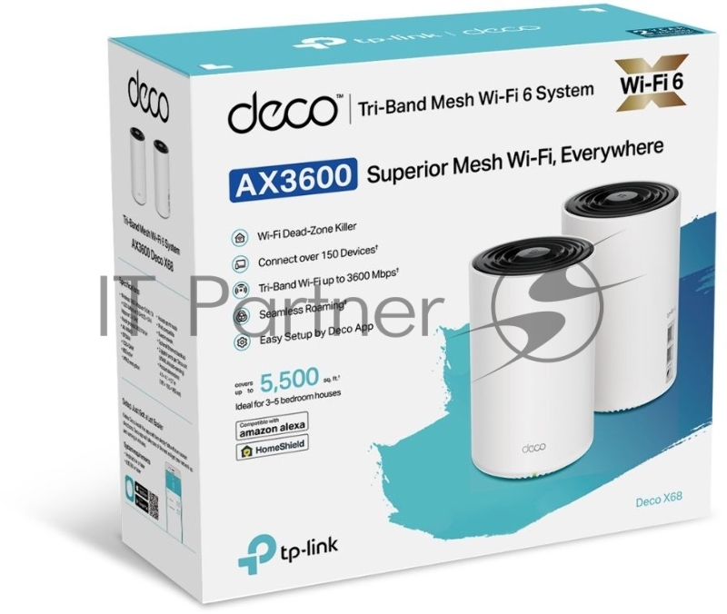 AX3600 Whole Home Mesh Wi-Fi 6 System (Tri-Band), 2 unitsSPEED: 574 Mbps at 2.4 GHz + 1802 Mbps at 5 GHz-1 +1201 Mbps at 5 GHz-2SPEC: 5× Internal Antennas, 2× Gigabit Ports (WAN/LAN auto-sensing), Broadcom 1.5 GHz Quad-core CPUFEATURE: Deco App,
