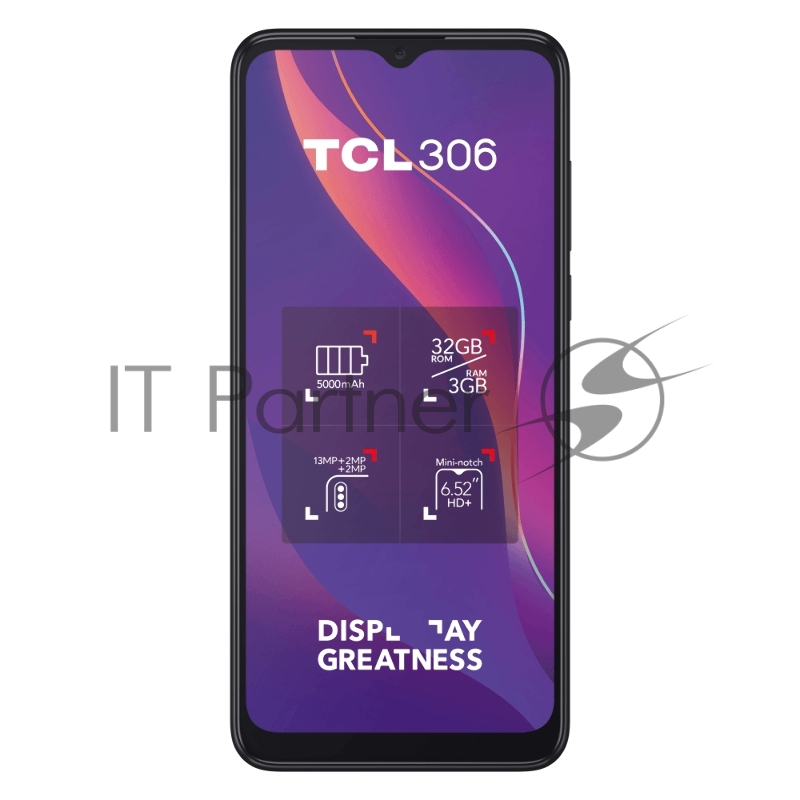 Смартфон TCL 306 Grey, 16,56 см (6.52) 20:9 720x1600, 4x1,8 ГГц+4x1,5 ГГц, 8 Core, 3GB RAM, 32GB, up to 512GB flash, 13 МП+2 МП+2 МП/5Mpix, 2 Sim, 2G, 3G, LTE, BT v5.0, Wi-Fi, NFC, GPS, Type-C, 5000mAh, Android 12, 190g, 165,2 ммx75,5 ммx8,9 мм