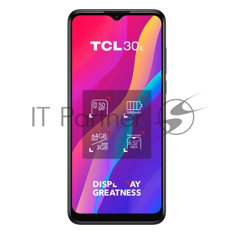 Смартфон TCL 30E Blue, 16,56 см (6.52) 20:9 720x1600, 4x1,8 ГГц+4x1,5 ГГц, 8 Core, 3GB RAM, 64GB, up to 512GB flash, 50 МП + 2 МП/5Mpix, 2 Sim, 2G, 3G, LTE, BT v5.0, Wi-Fi, NFC, GPS, Type-C, 5000mAh, Android 12, 190g, 165,2 ммx75,5 ммx8,9 мм