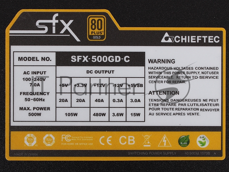 Блок питания Chieftec 500W Retail SFX-500GD-C SFX v2.3/EPS, 80+ GOLD, КПД >90%, 2x PCI-E (6+2-Pin), 4x SATA, 2x MOLEX, Fan 8cm