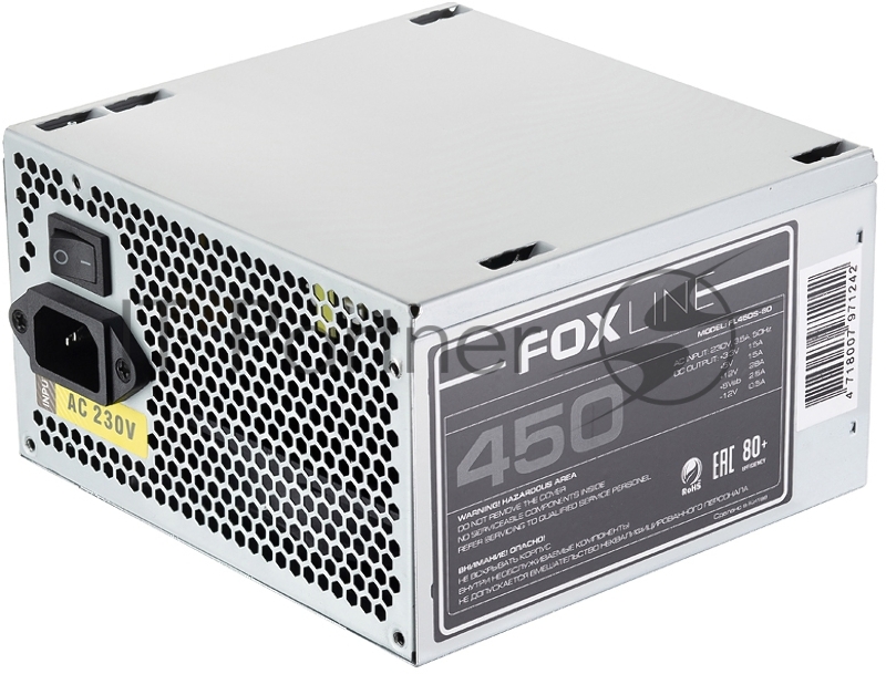 Блок питания 450Вт Power Supply Foxline, 450W, ATX, APFC, 120FAN, CPU 4+4 pin, MB 24pin, 5xSATA, 2xPATA, 1xFDD, 1xPCI-E 6pin, 80+