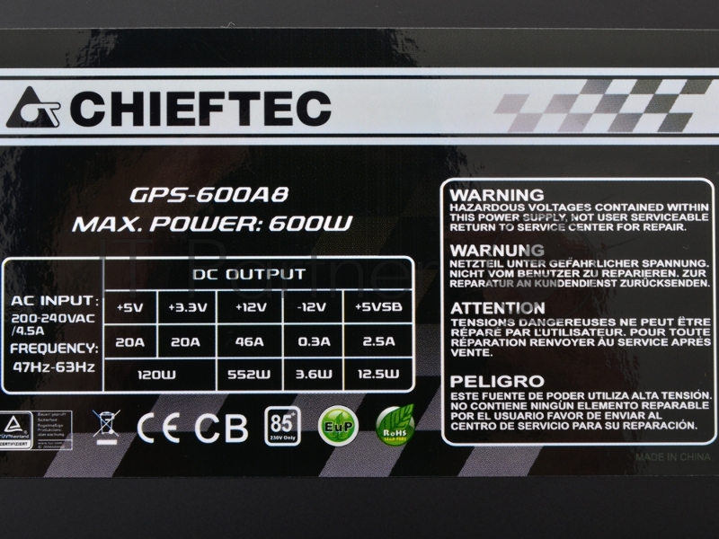 Блок питания Chieftec 600W RTL GPS-600A8 {ATX-12V V.2.3 PSU with 12 cm fan, Active PFC, fficiency >80% with power cord 230V only}