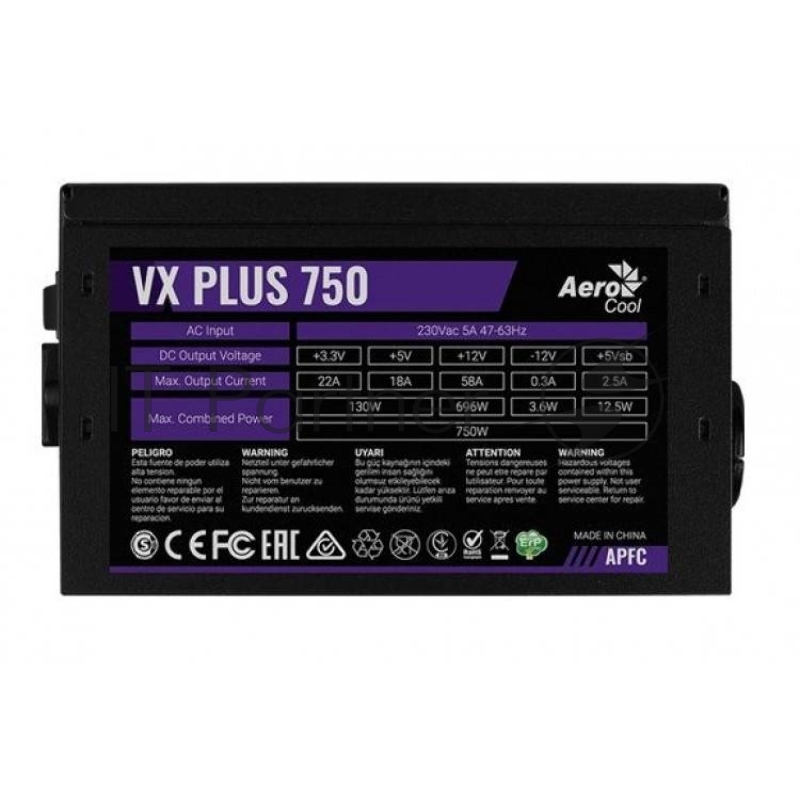 Блок питания Aerocool ATX 750W VX-750 PLUS (24+4+4pin) APFC 120mm fan 6xSATA RTL